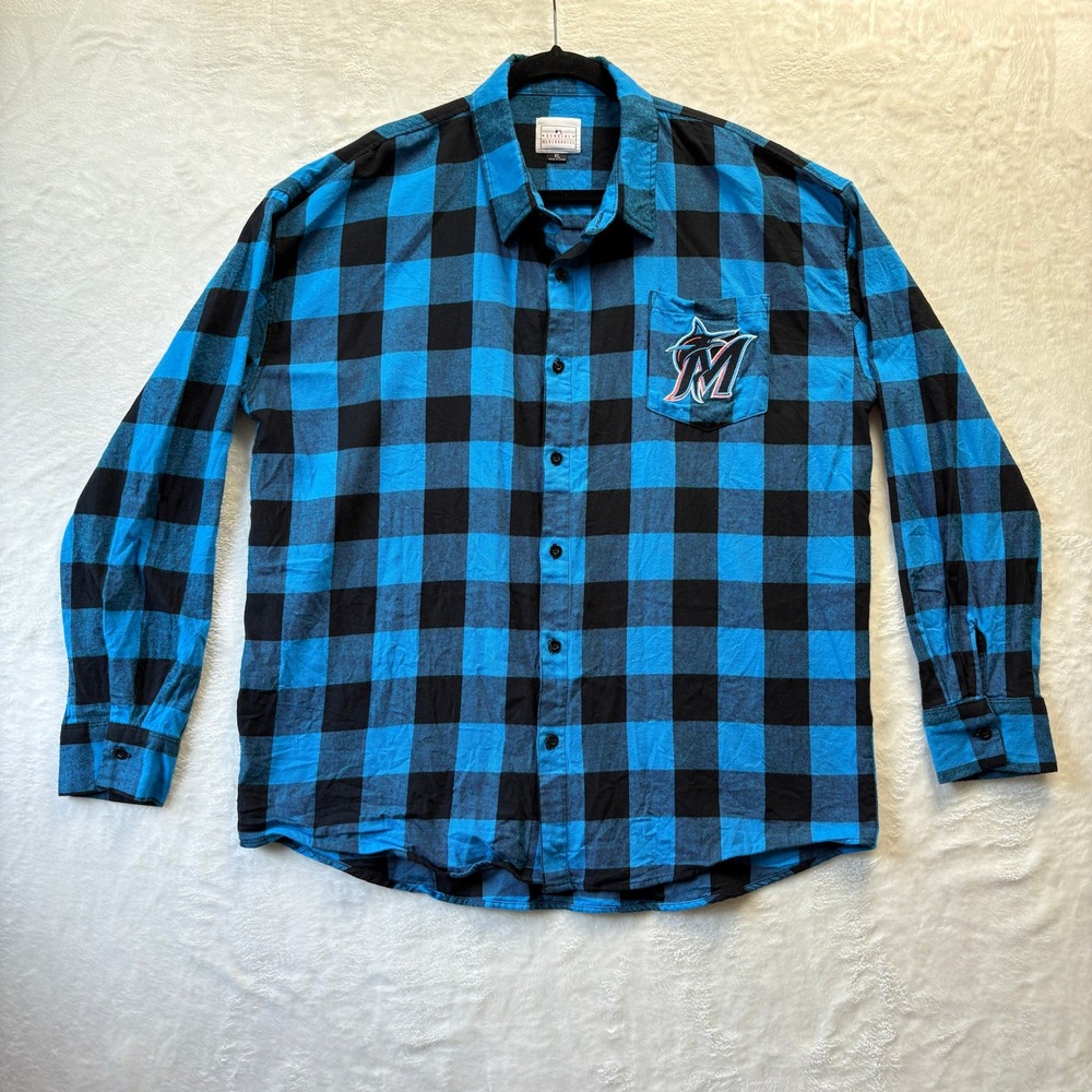 Miami Marlins Flannel Shirt Men Sz XL Blue Plaid Genuine Merchandise MLB